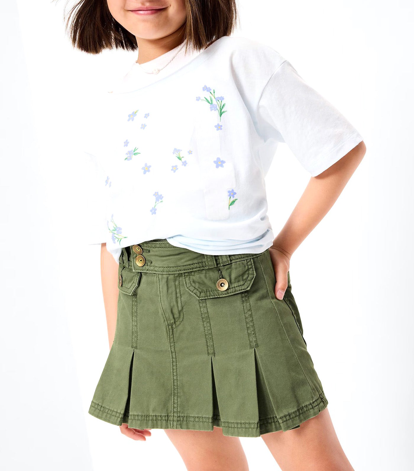 Pleated Utility Twill Skirt for Girls Olive Through This