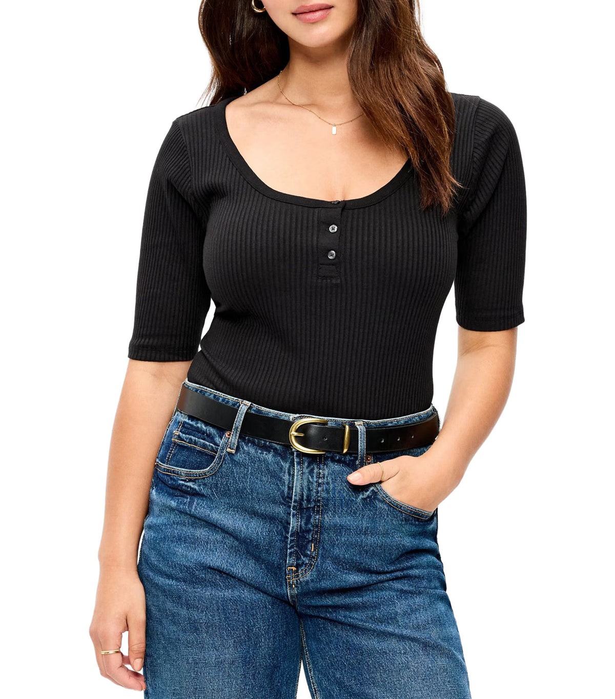 Scoop-Neck Fitted Henley Top Black Jack 2