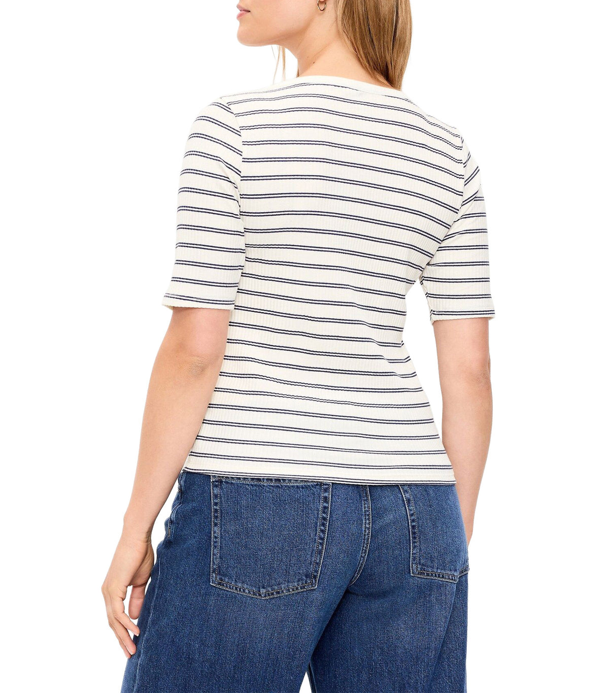Fitted Scoop-Neck Henley T-Shirt Navy Stripe
