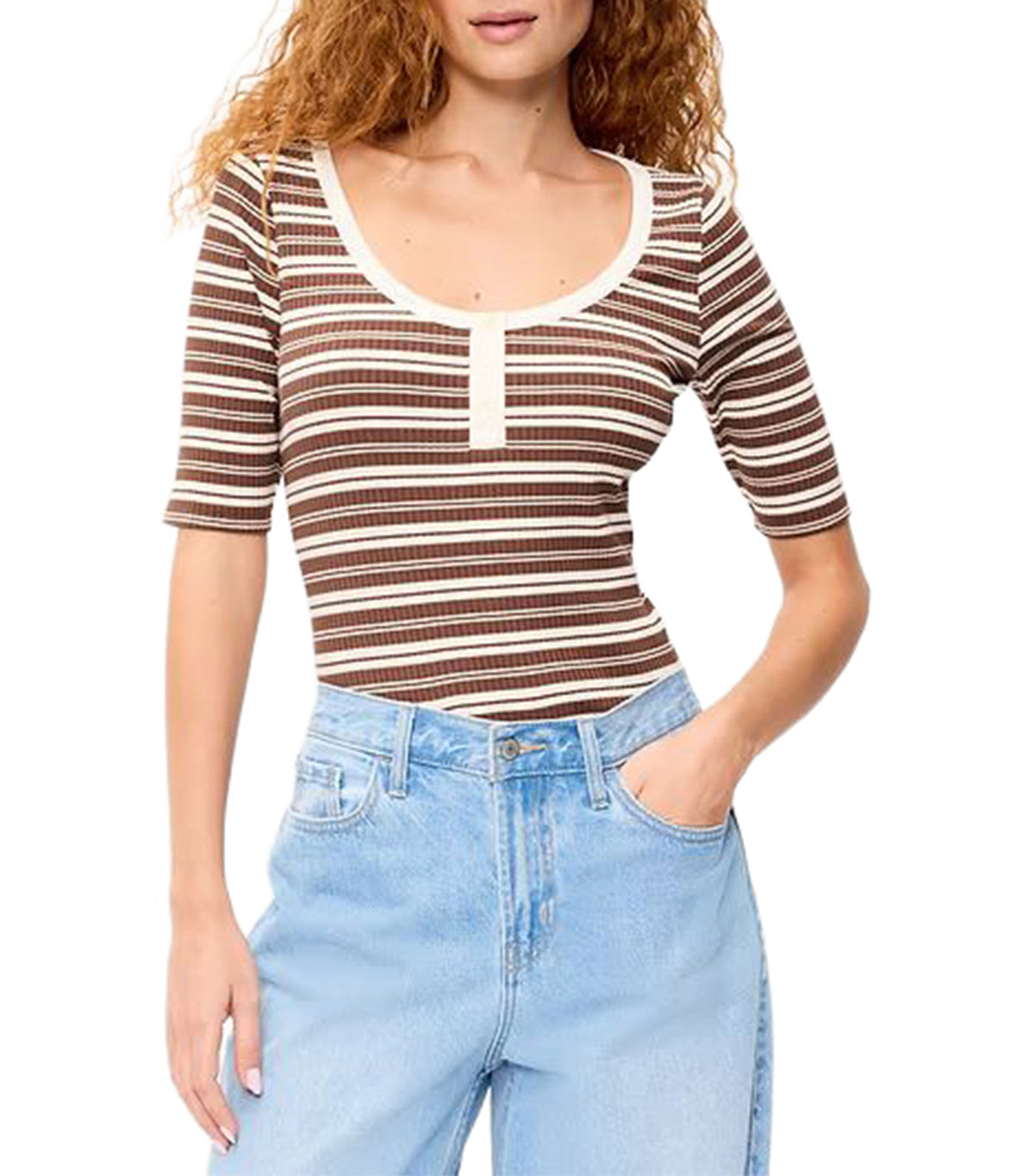 Fitted Scoop-Neck Henley T-Shirt Earth Brown Stripe