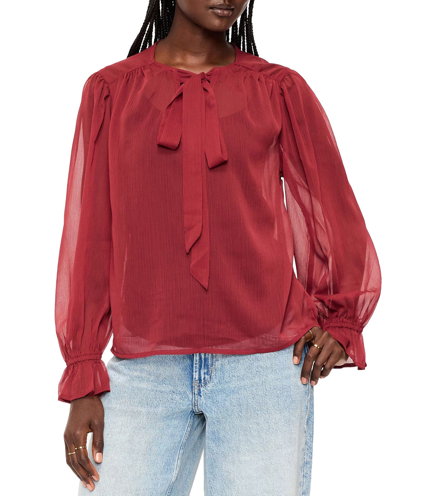 Long-Sleeve Chiffon Tie-Front Top Emberglow