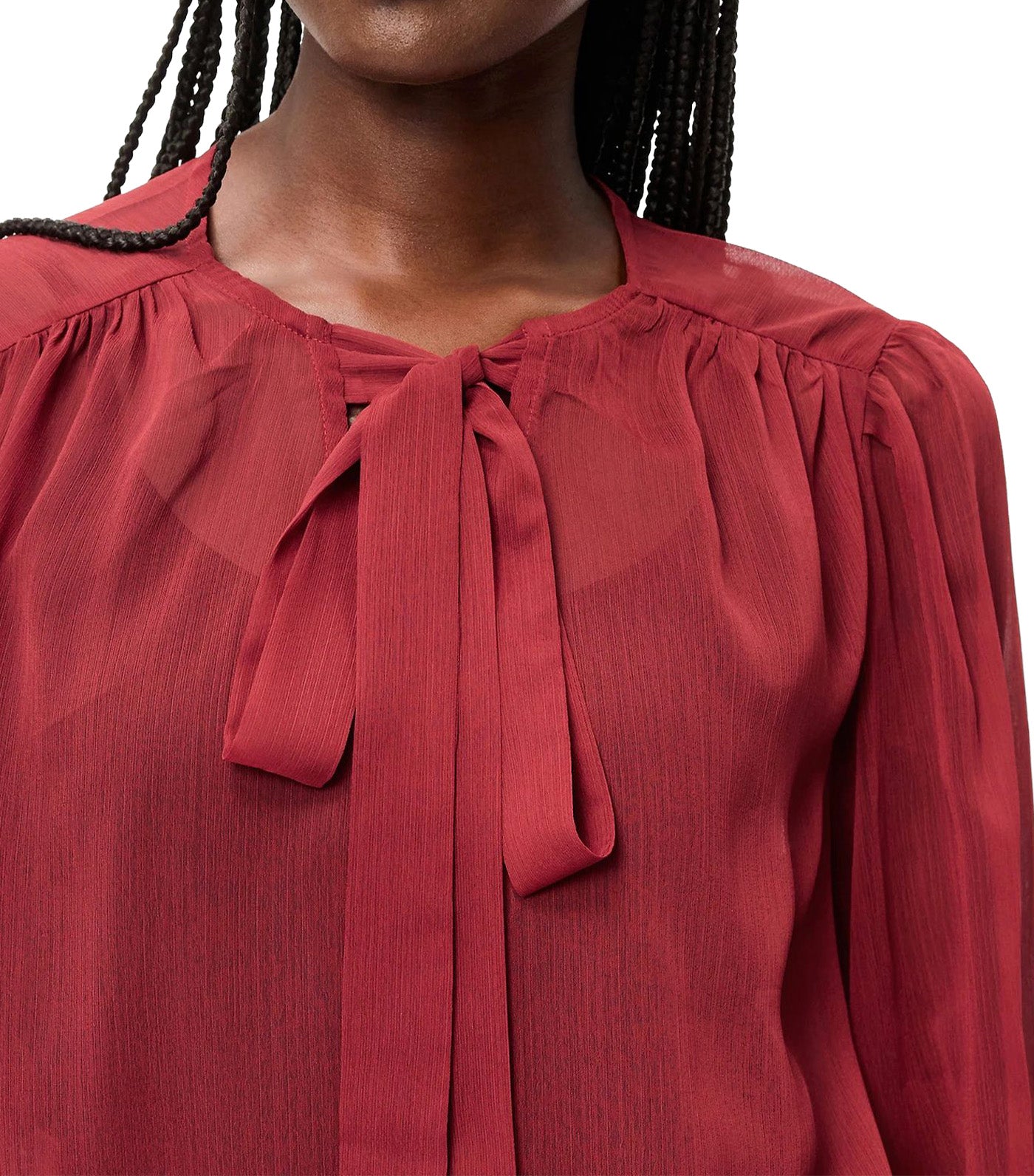 Long-Sleeve Chiffon Tie-Front Top Emberglow