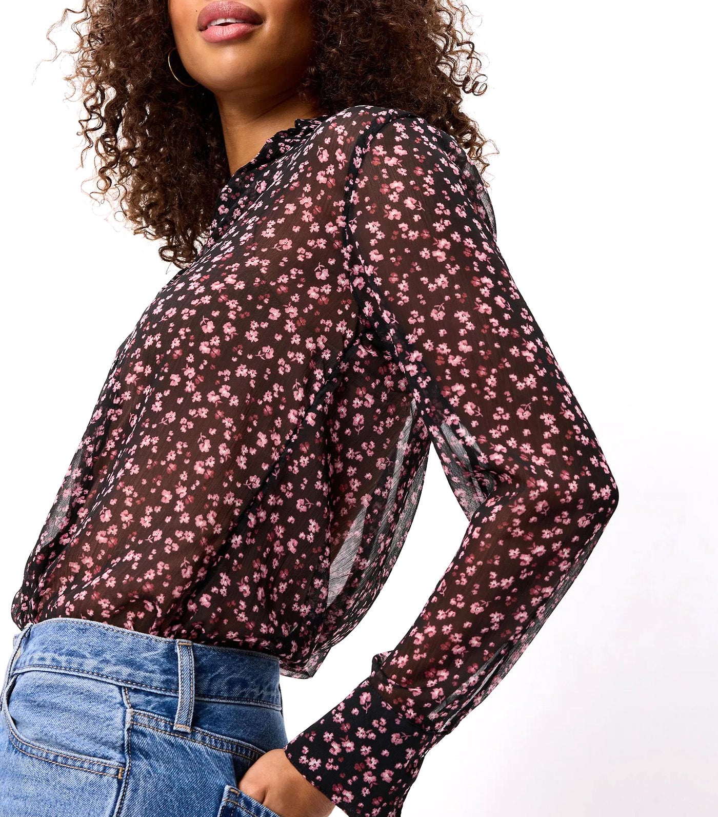 Airy Long-Sleeve Button-Down Top Pink Floral