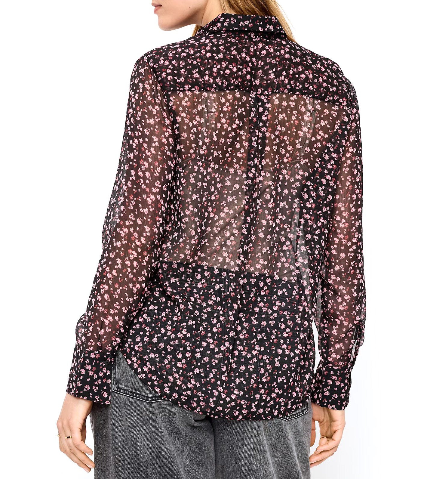 Airy Long-Sleeve Button-Down Top Pink Floral