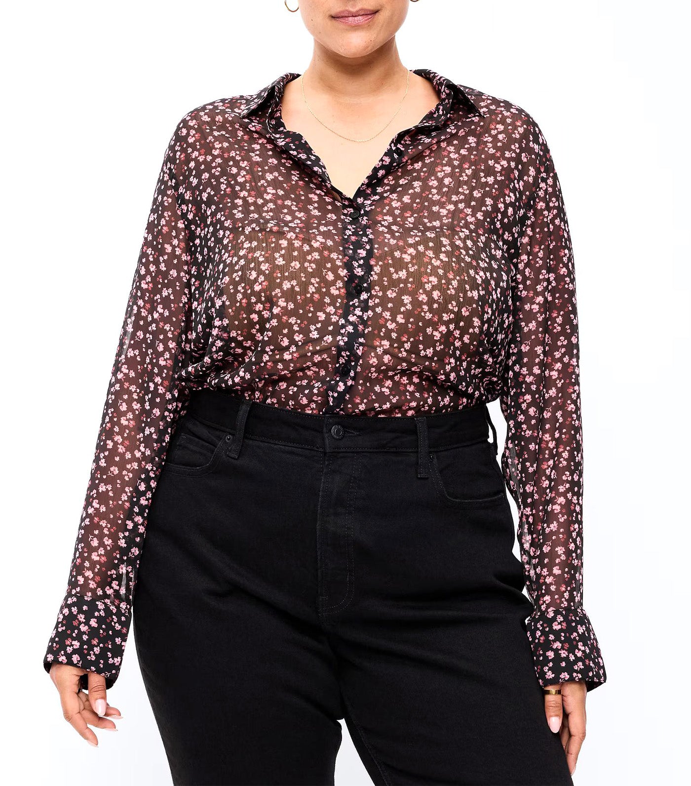 Airy Long-Sleeve Button-Down Top Pink Floral