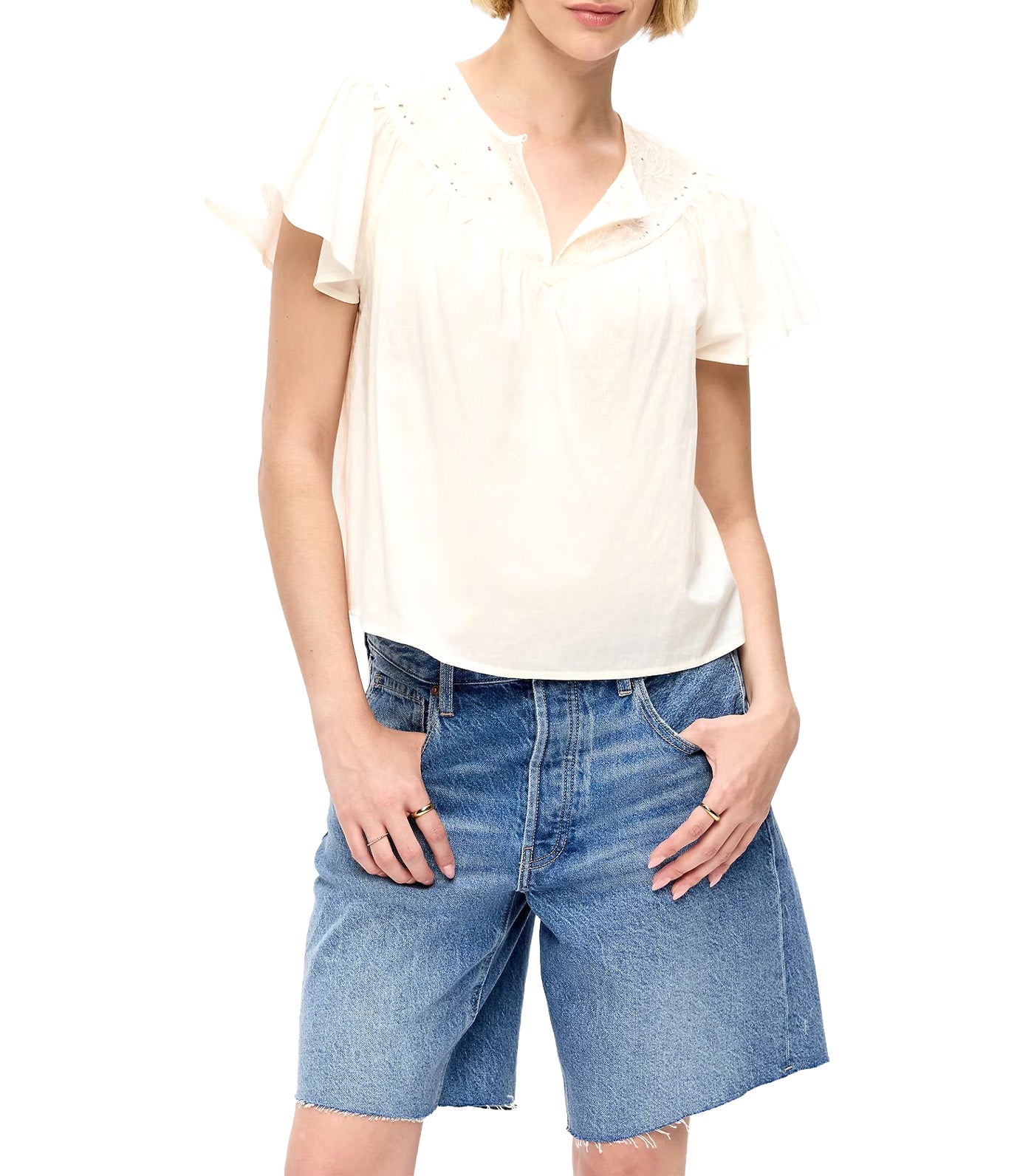 Short-Sleeve Embroidered Trousseau Top Sea Salt