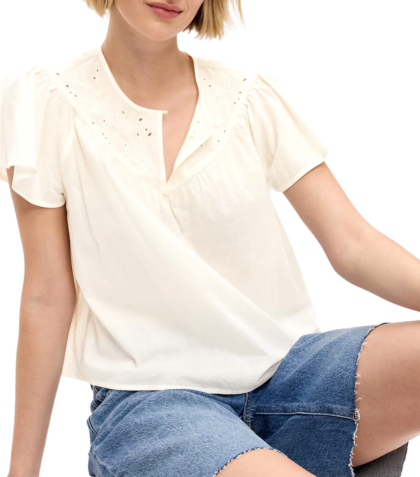 Short-Sleeve Embroidered Trousseau Top Sea Salt