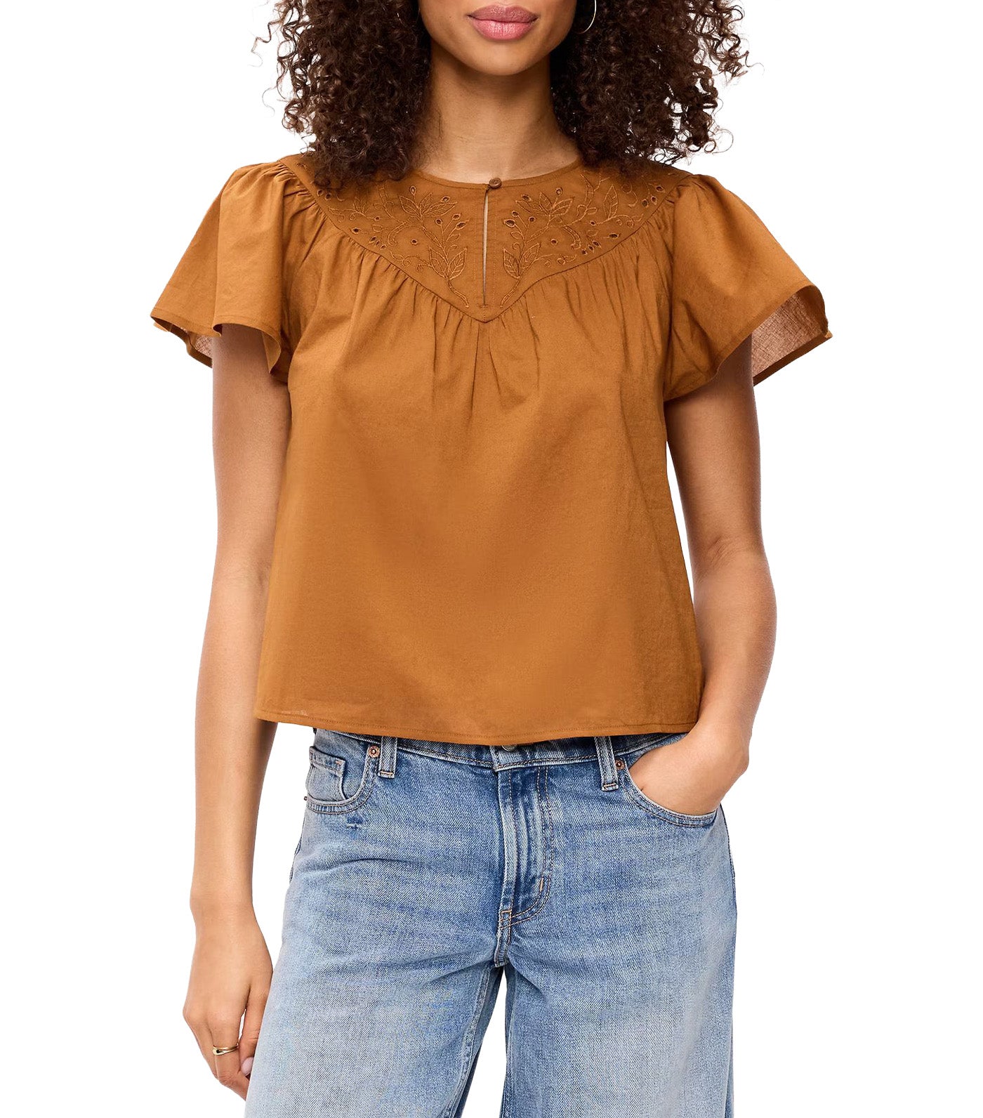 Short-Sleeve Embroidered Trousseau Top Redwood Burl