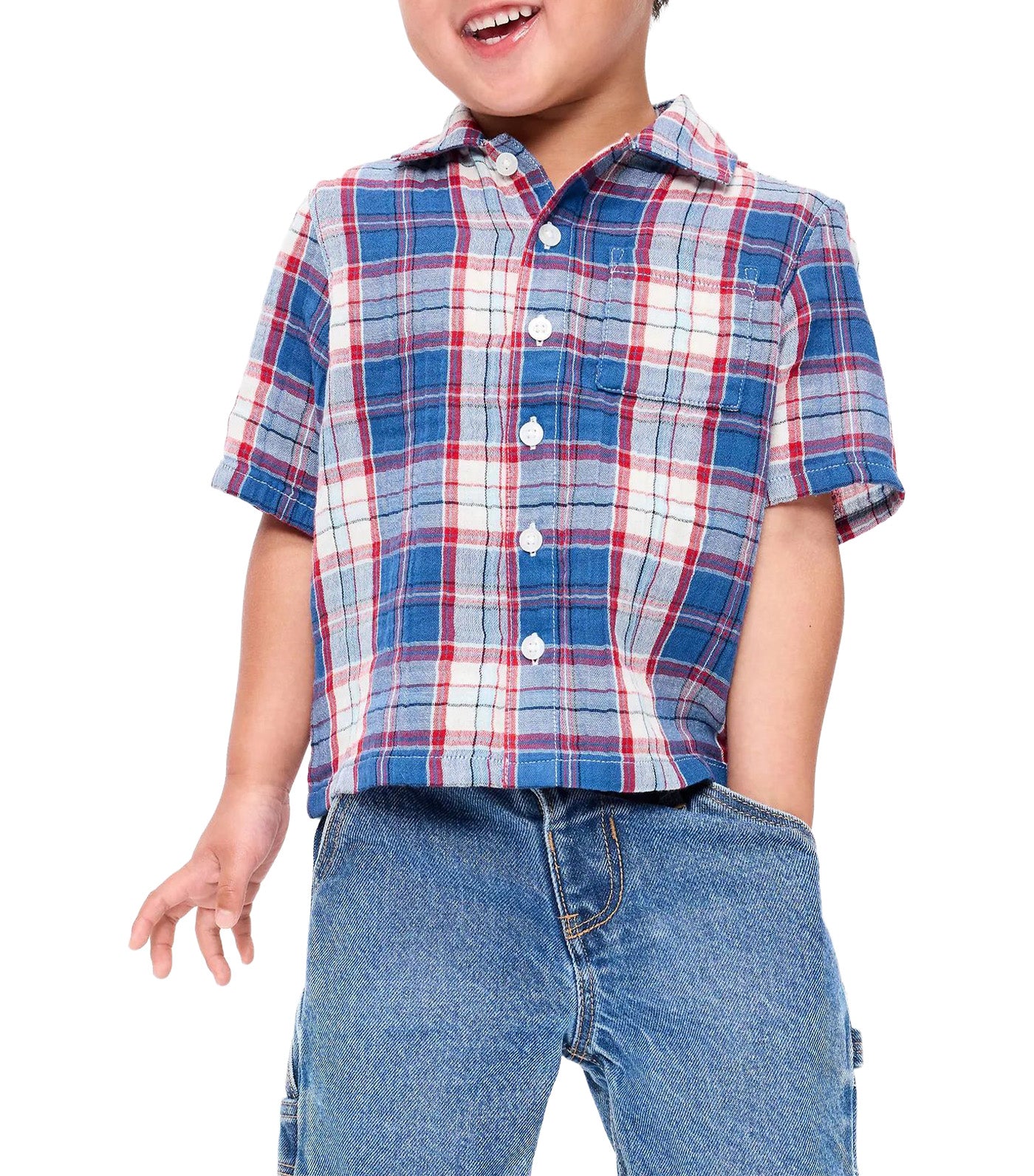 Old Navy Kids Short-Sleeve Double-Weave Cotton Shirt for Toddler Boys Navy Plaid