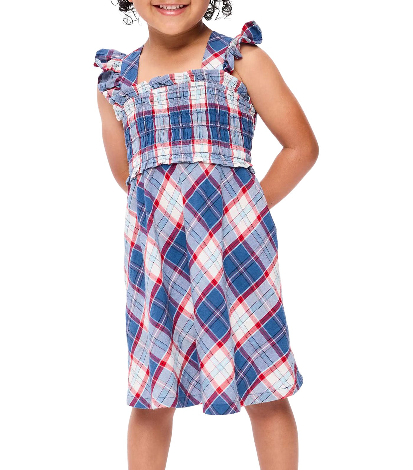 Old Navy Kids Sleeveless Plaid Smocked Dress for Toddler Girls Blue/Red Plaid