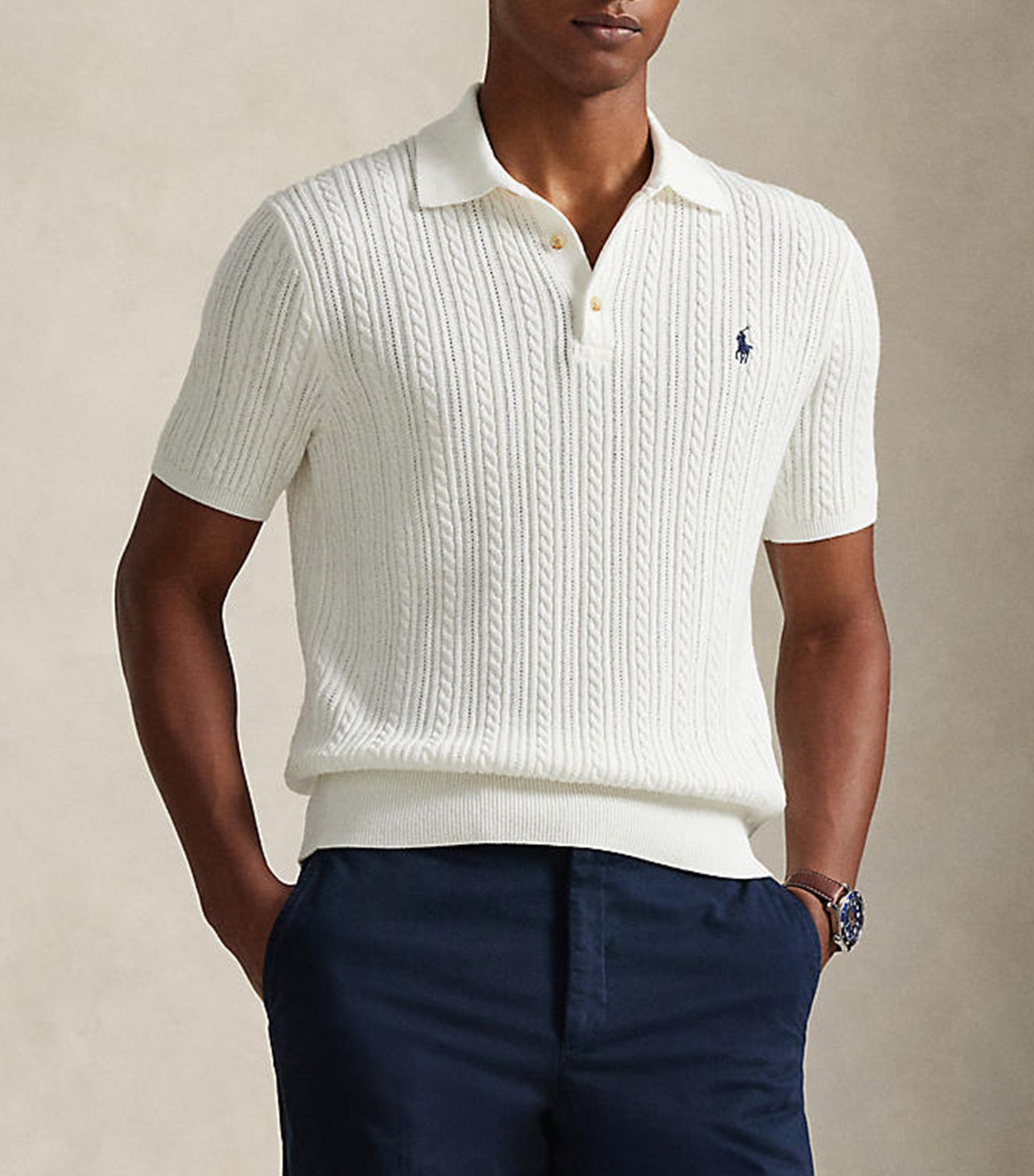 Men's Cable-Knit Cotton Polo-Collar Sweater