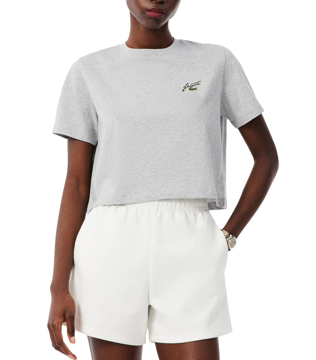 Relaxed Fit Badge Accent Cotton T-Shirt Silver Chine