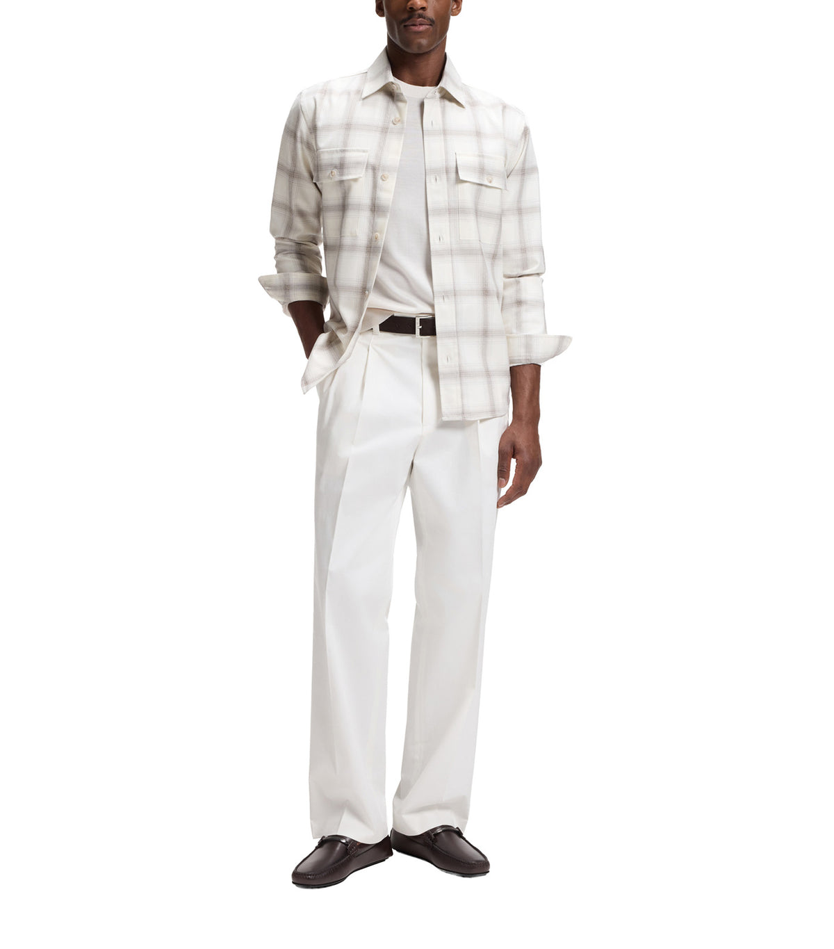 Relaxed-Fit Check Shirt in Virgin Wool Blend Off White