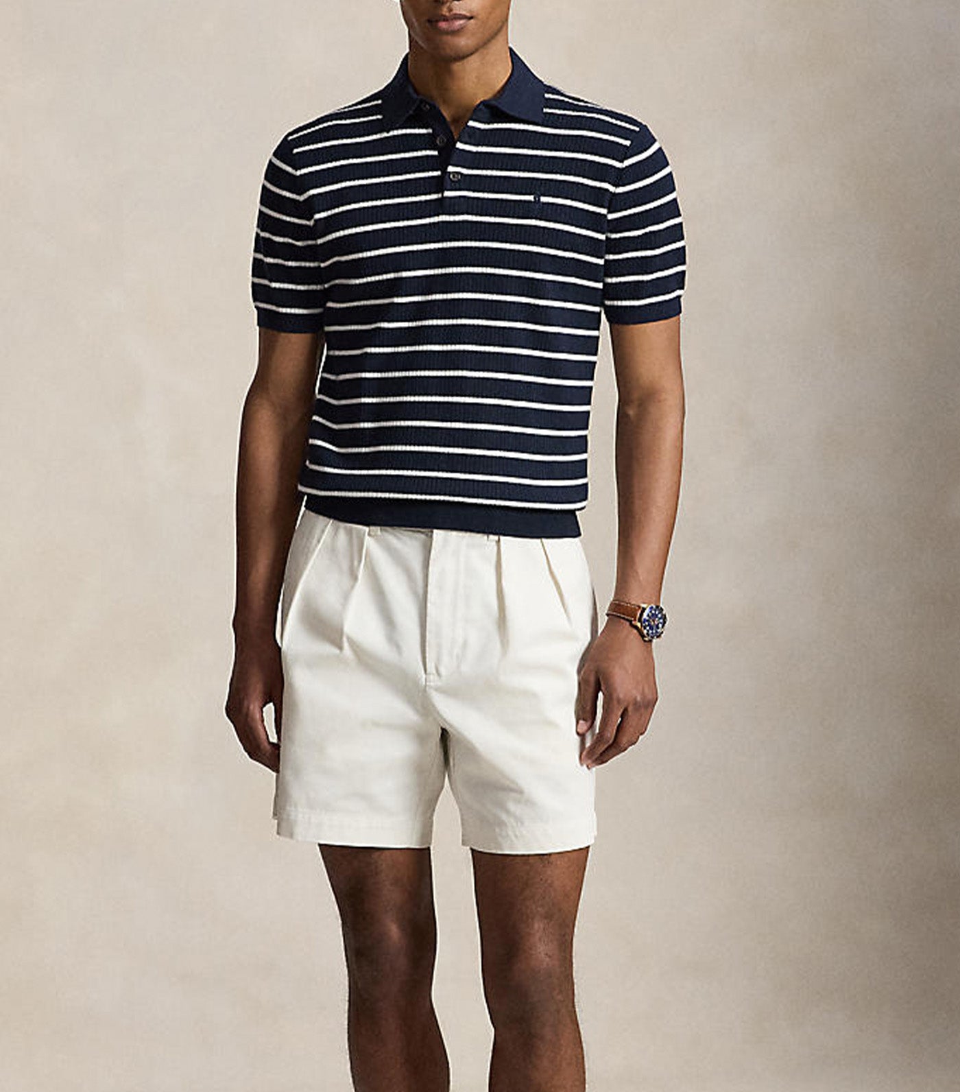 Men's Striped Rib-Knit Cotton Polo Sweater Navy