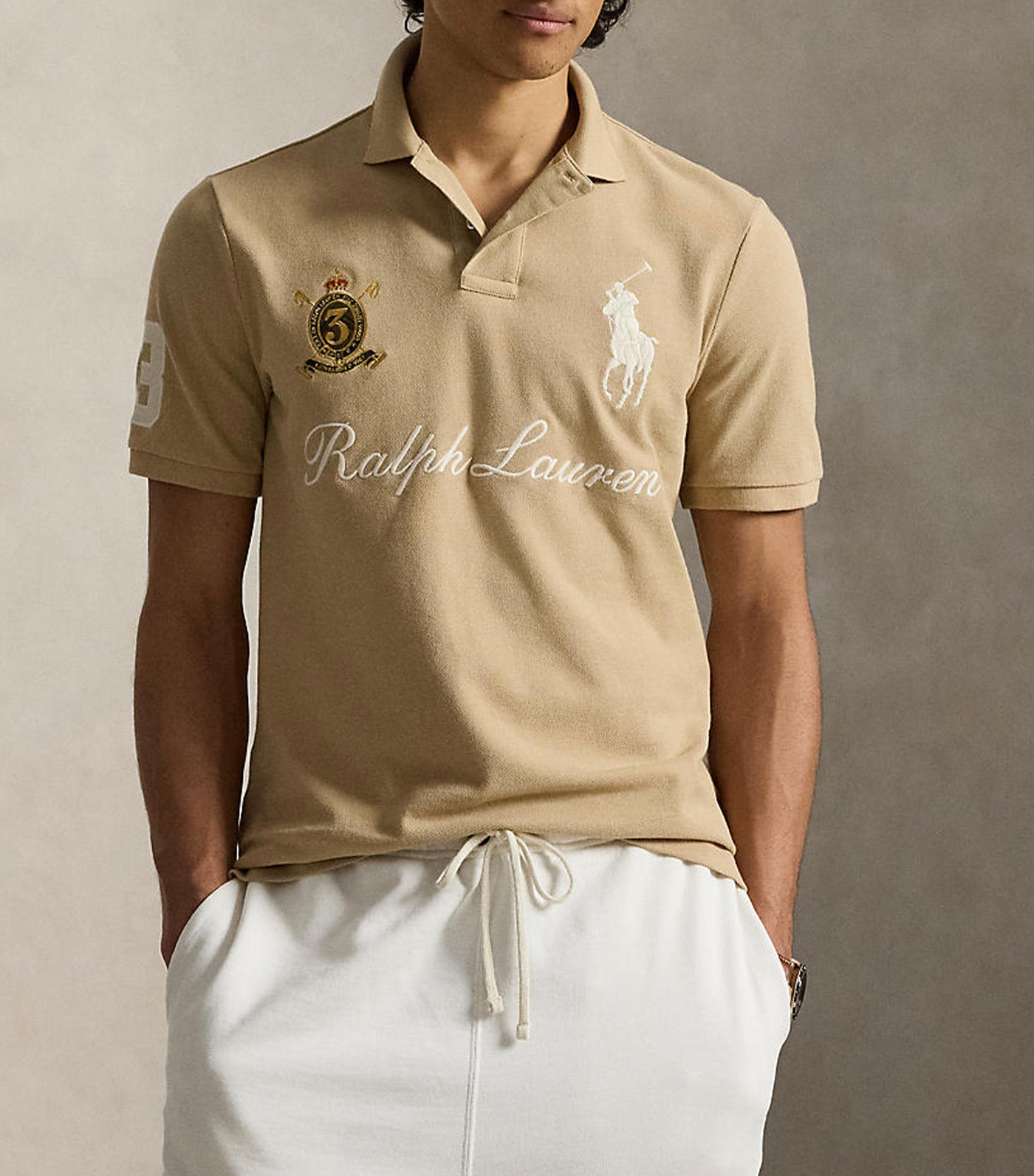Men's Classic Fit Big Pony Mesh Polo Shirt Beige/Khaki
