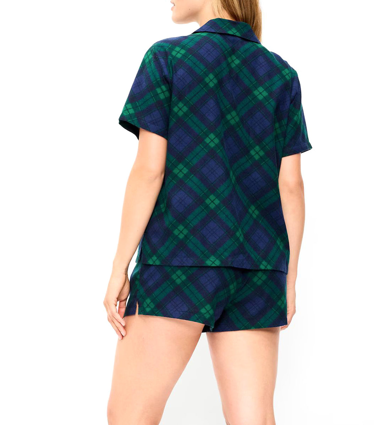 Flannel Pajama Short Set for Women Navy Green Plaid Bias