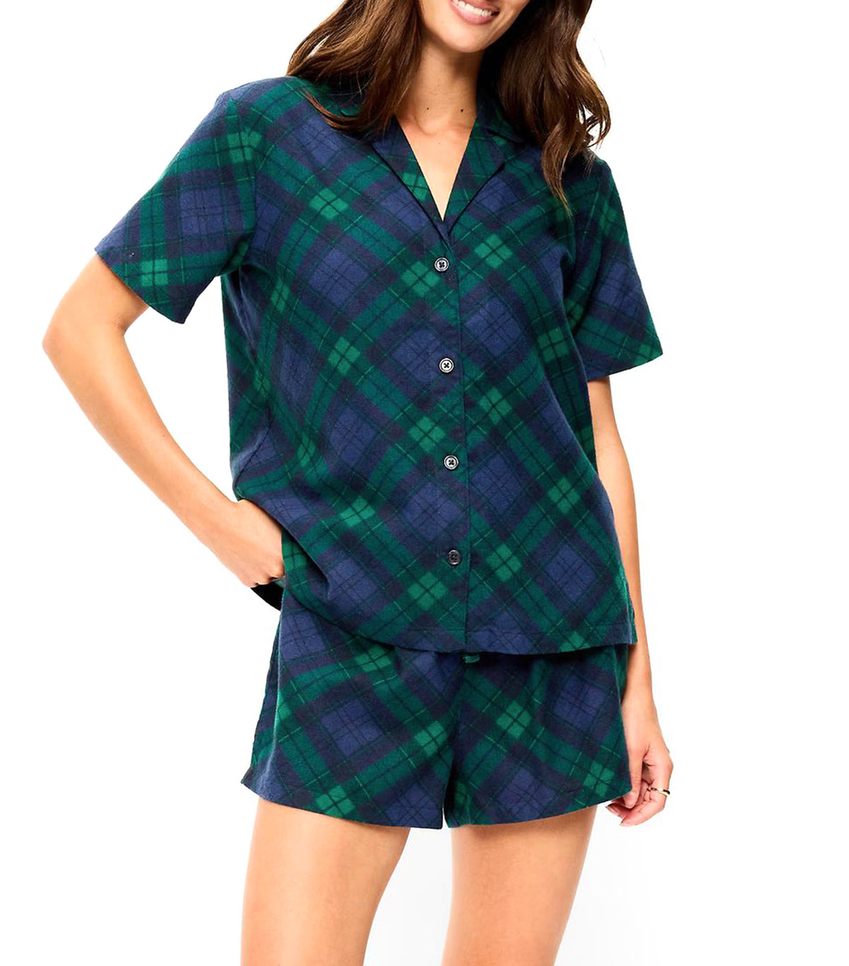 Flannel Pajama Short Set for Women Navy Green Plaid Bias