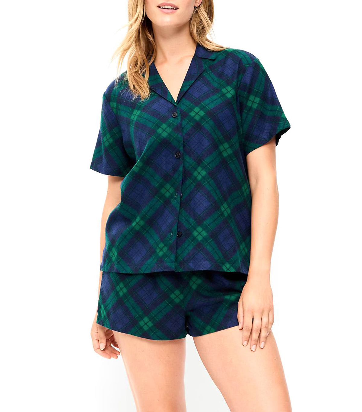 Flannel Pajama Short Set for Women Navy Green Plaid Bias