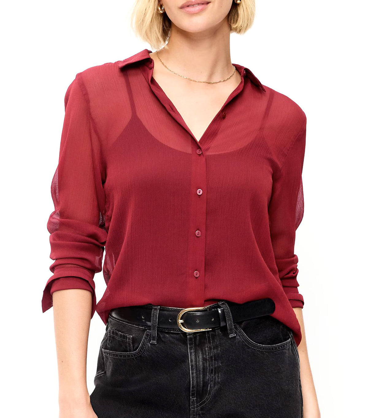 Chiffon Sheer Button-Down Shirt Emberglow