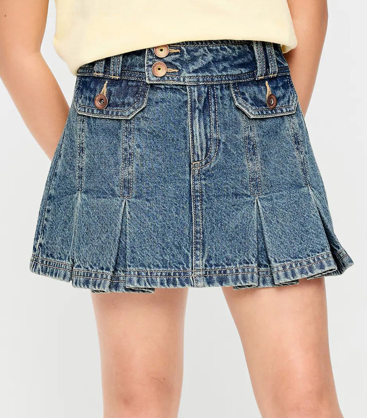 Pleated Utility Denim Skirt for Girls Light Wash