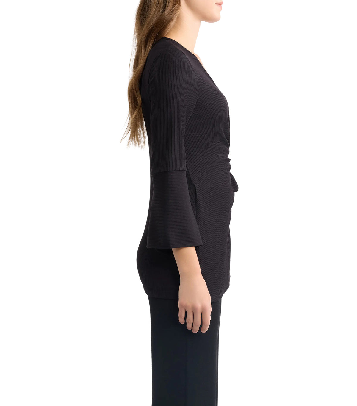 Ruffle Sleeve Ribbed Wrap Top Black