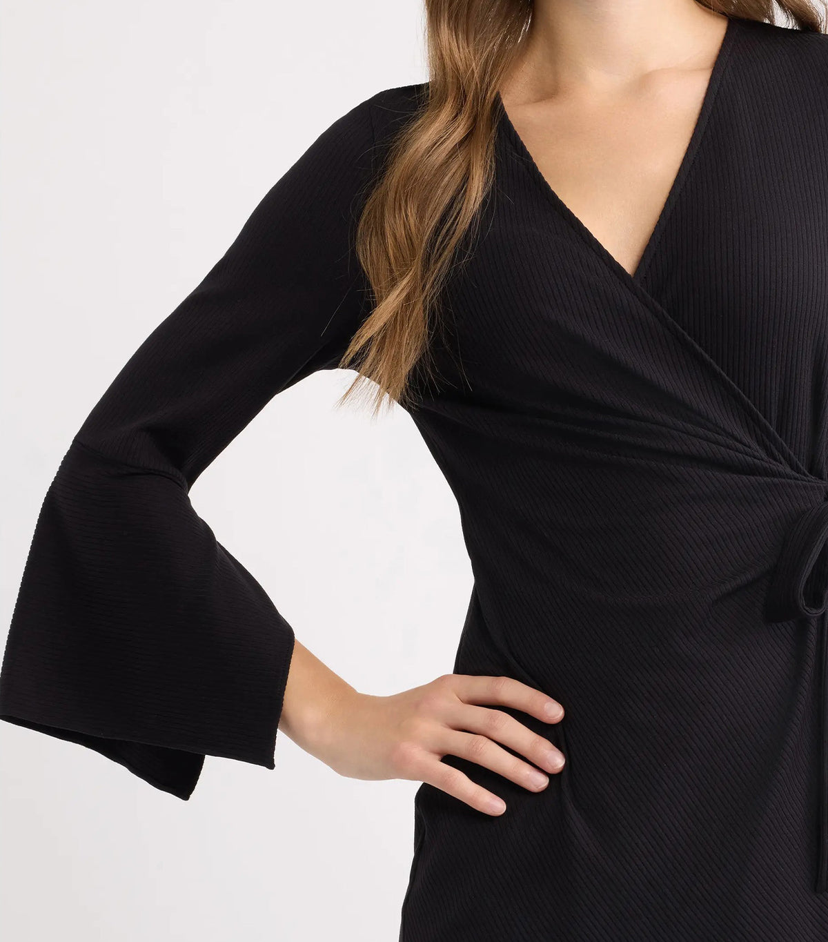 Ruffle Sleeve Ribbed Wrap Top Black