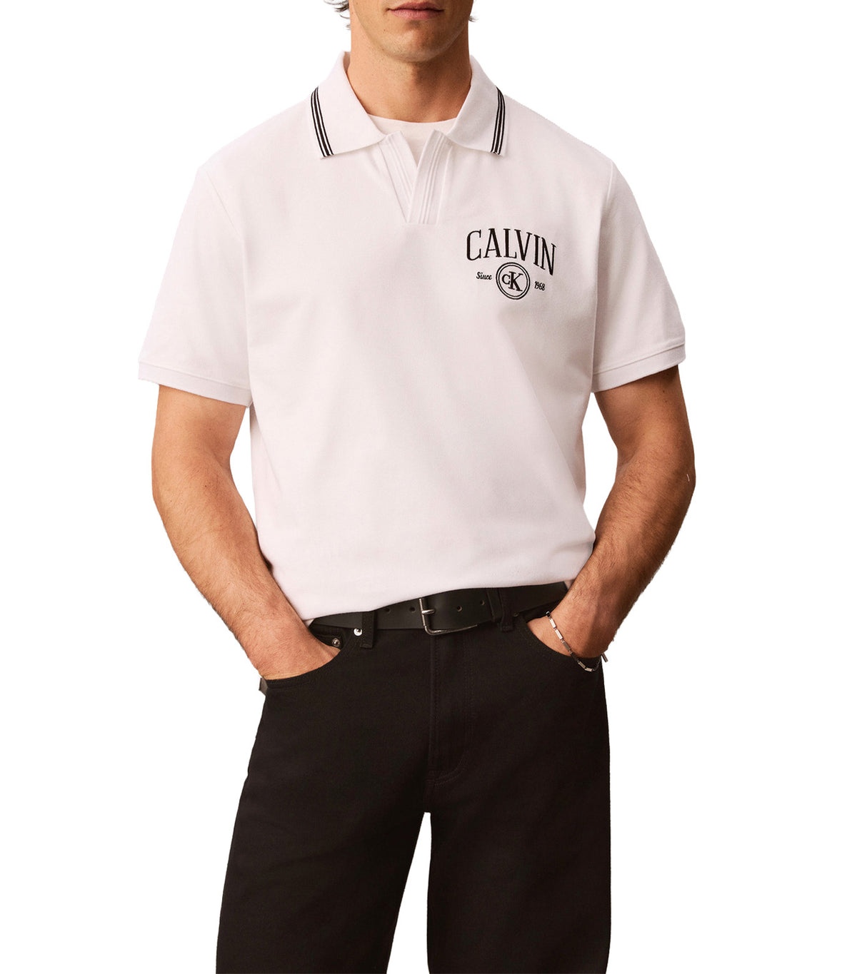 Open Collar Graphic Polo Bright White