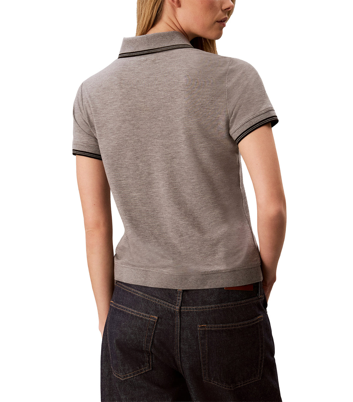 Feminine Pique Stripe Trim Polo Medium Gray Heather
