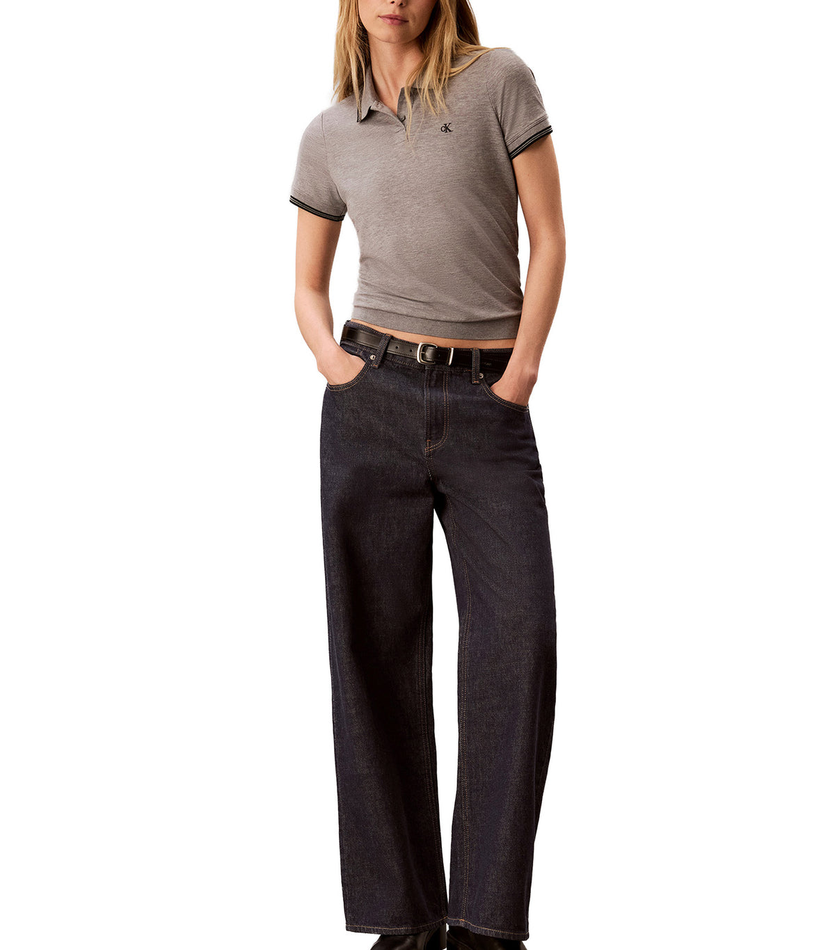 Feminine Pique Stripe Trim Polo Medium Gray Heather