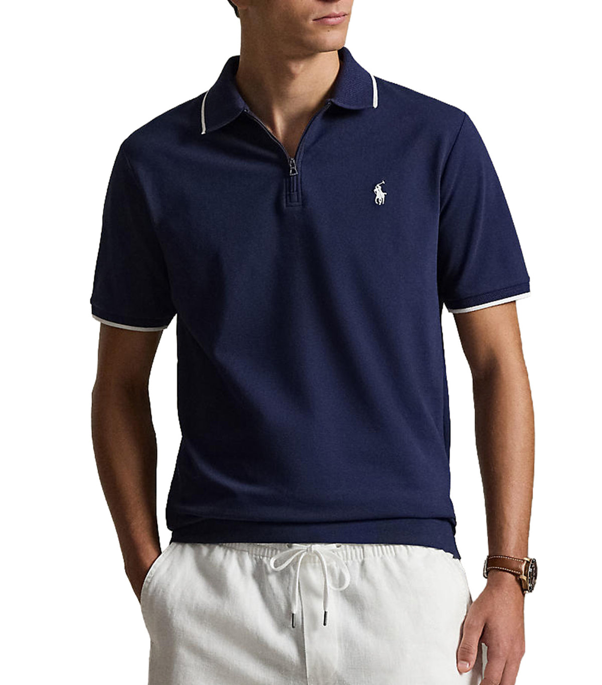 Men's Classic Fit Stretch Mesh Zip Polo Shirt Navy