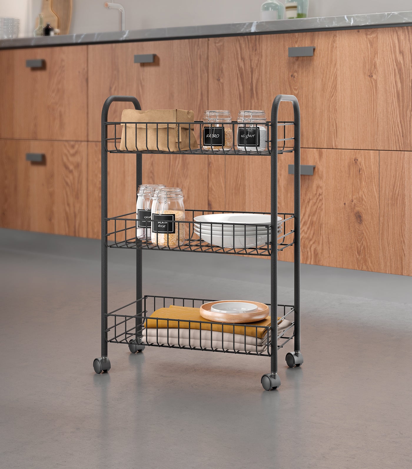 MakeRoom Lugano Three-Tier Rolling Cart - Black