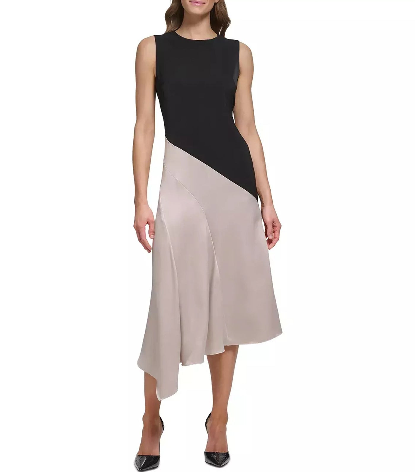 Asymmetrical Hem Skirt Midi Dress Black/Beige