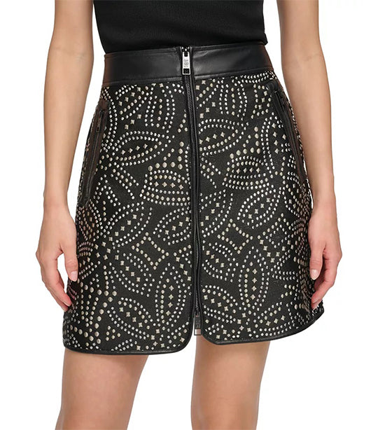Faux Stud Front Zip Mini Skirt Silver/Black