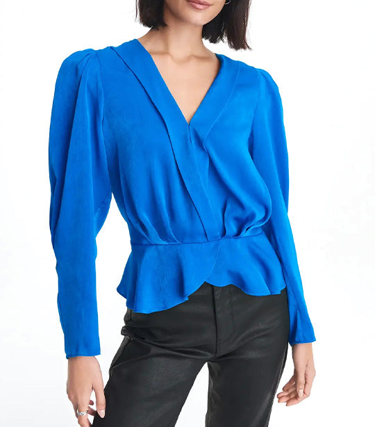 Longsleeve V-Neck Satin Wrap Blouse Electric Blue