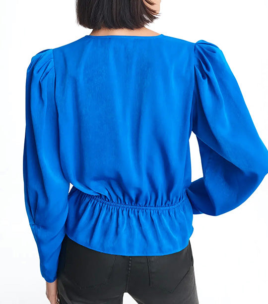 Longsleeve V-Neck Satin Wrap Blouse Electric Blue