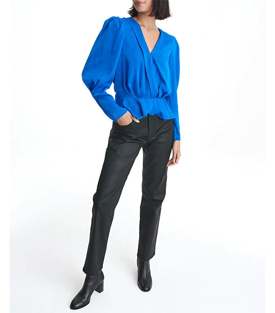 Longsleeve V-Neck Satin Wrap Blouse Electric Blue