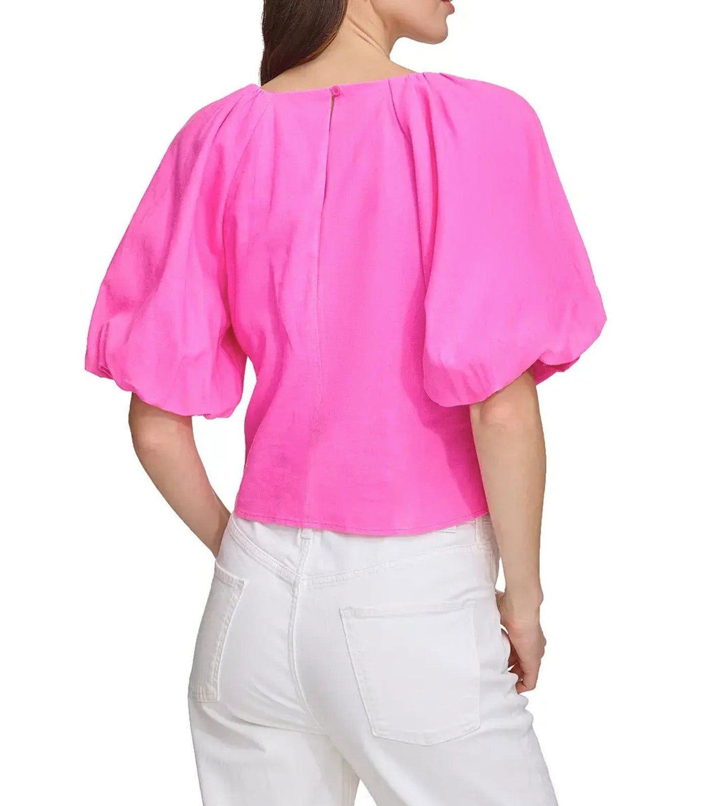 Puff Sleeve Viscose Linen Top Shocking Pink