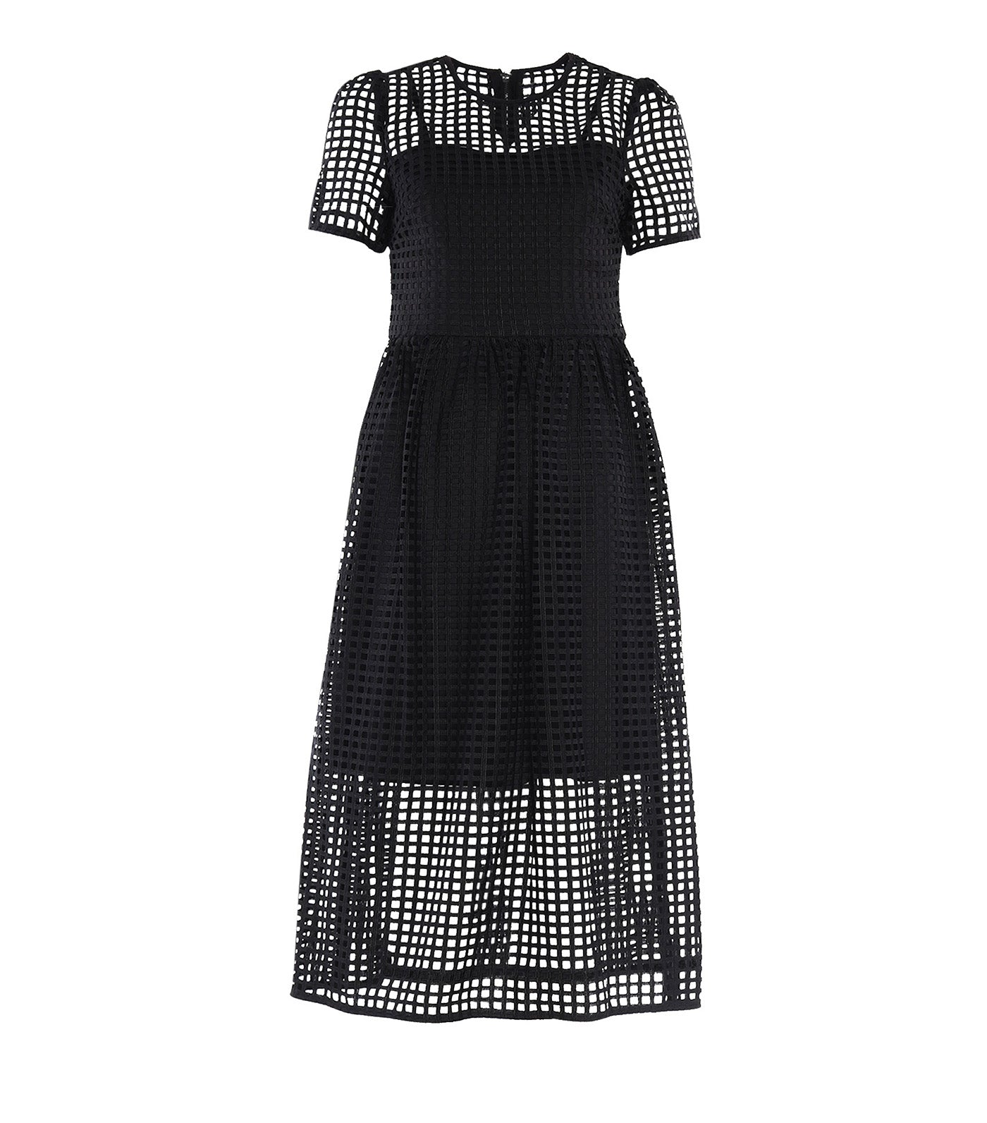 Short Sleeve Grid Lace Jewel Neck Midi Dress Black