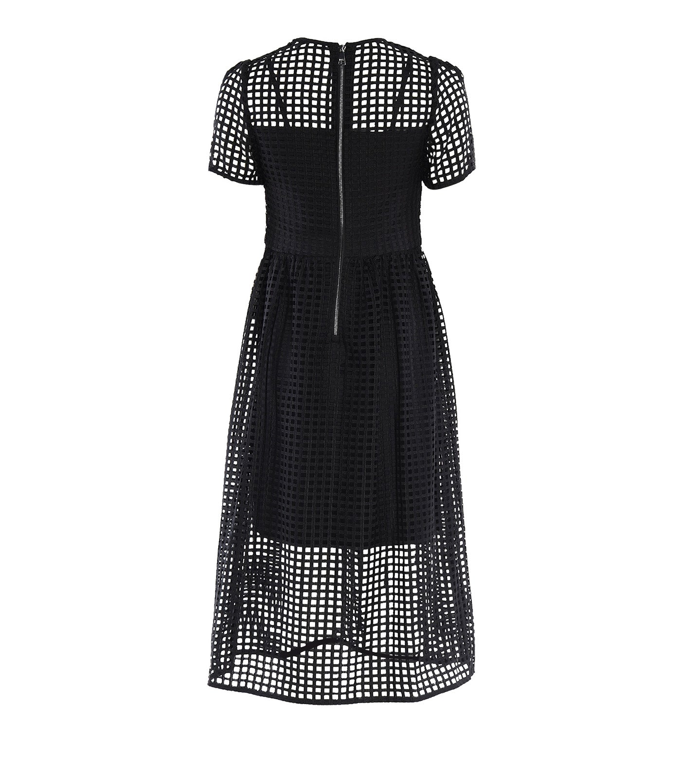 Short Sleeve Grid Lace Jewel Neck Midi Dress Black