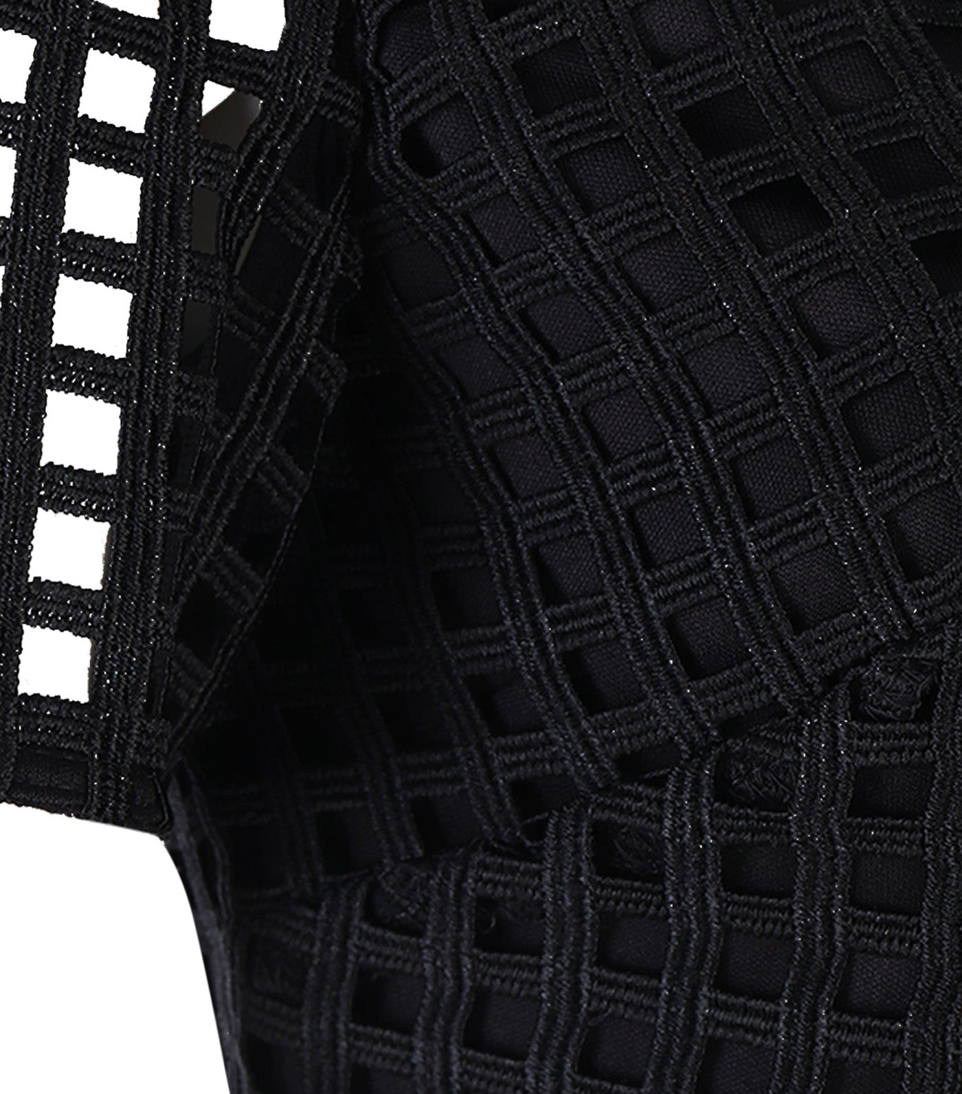 Short Sleeve Grid Lace Jewel Neck Midi Dress Black