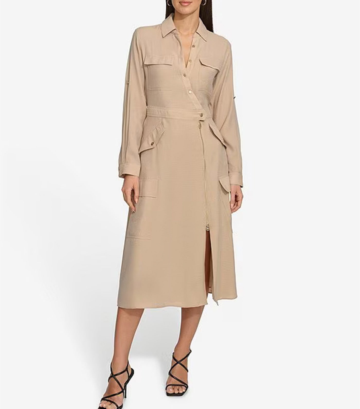 Long Sleeve Silky Cargo Midi Dress Sandalwood