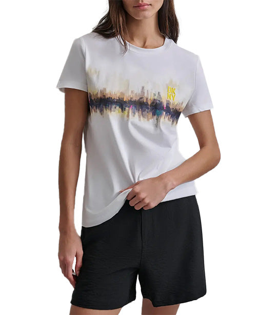Short Sleeve Crew Neck Cityscape Logo Tee White