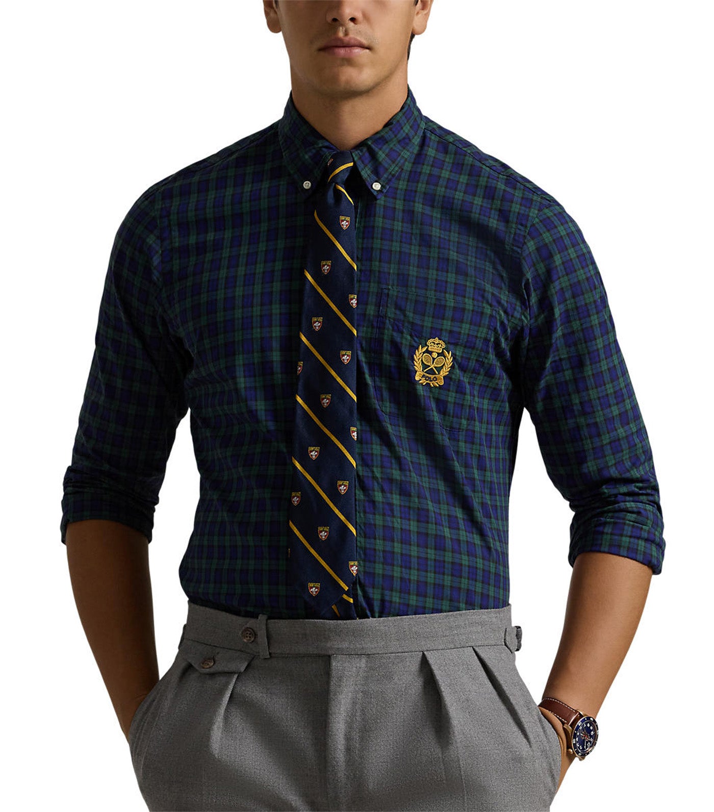 Men's Classic Fit Plaid Poplin Shirt Navy/Green Multi