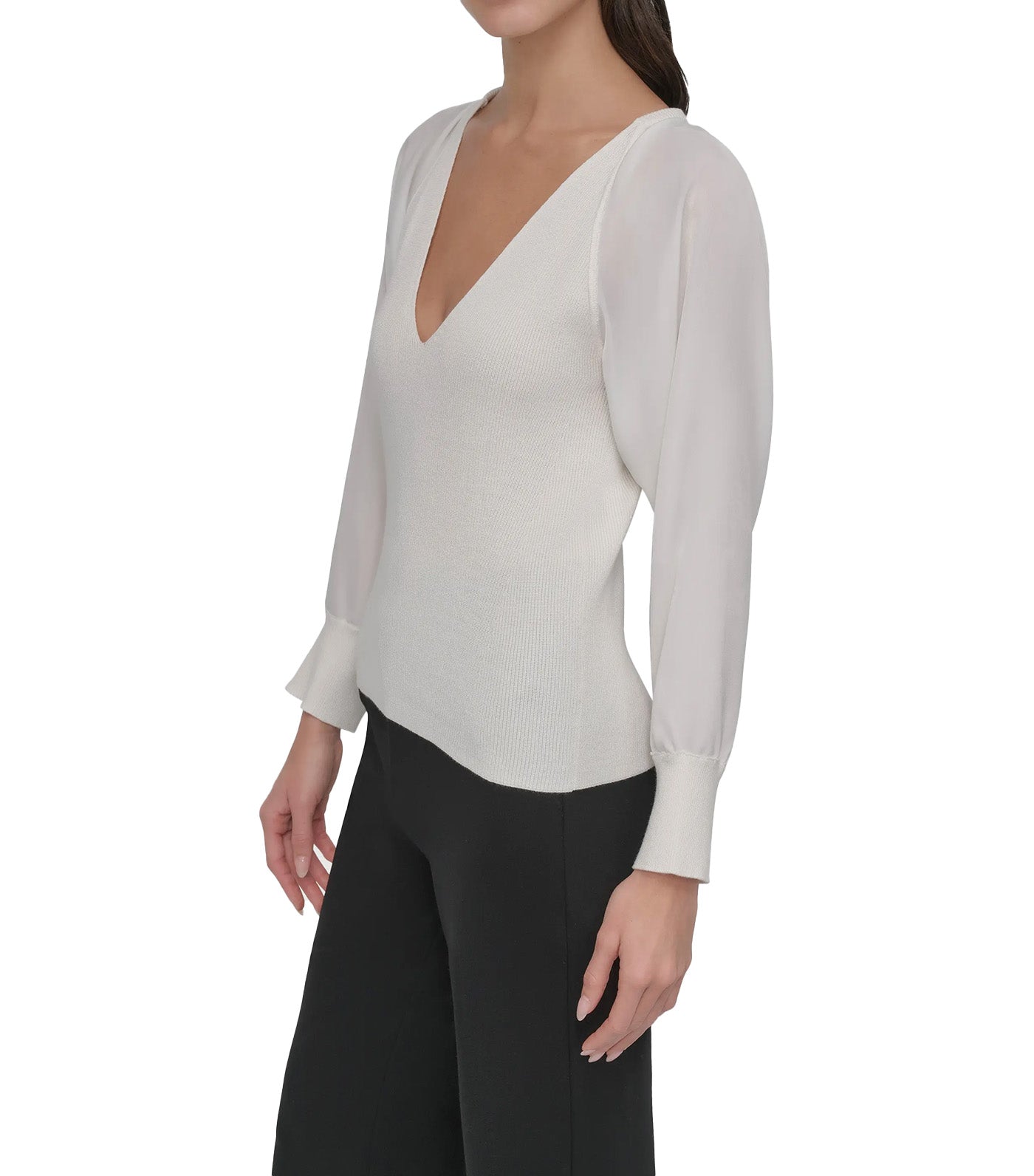 Long Sleeve Mix Media V-Neck Sweater Ivory