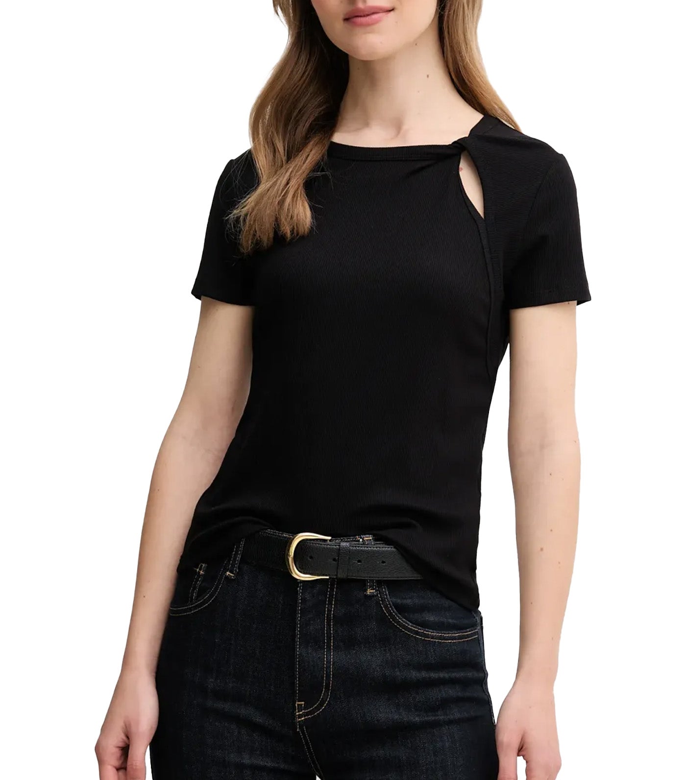 Short Sleeve Twist Neck Rib Knit Top