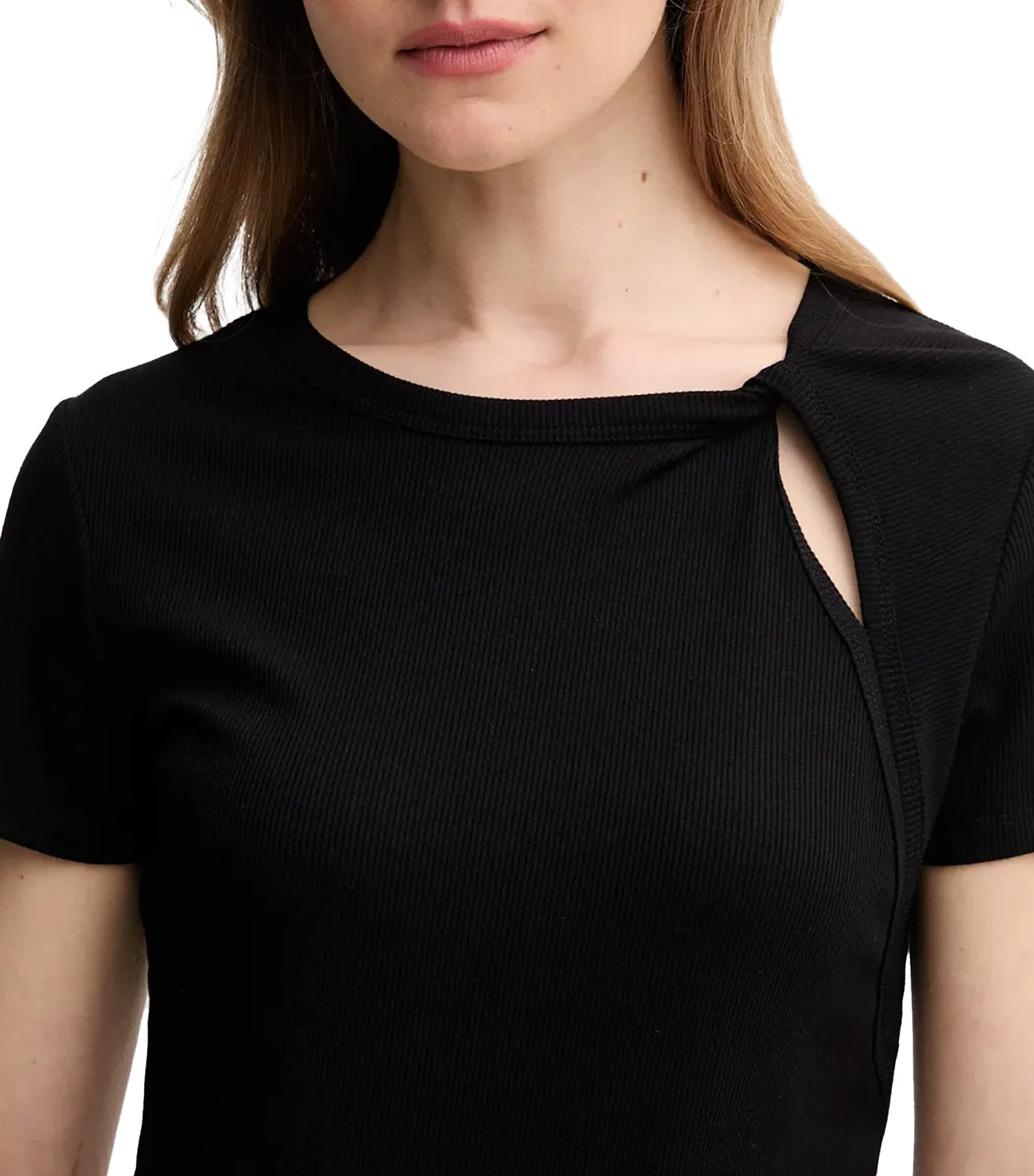 Short Sleeve Twist Neck Rib Knit Top