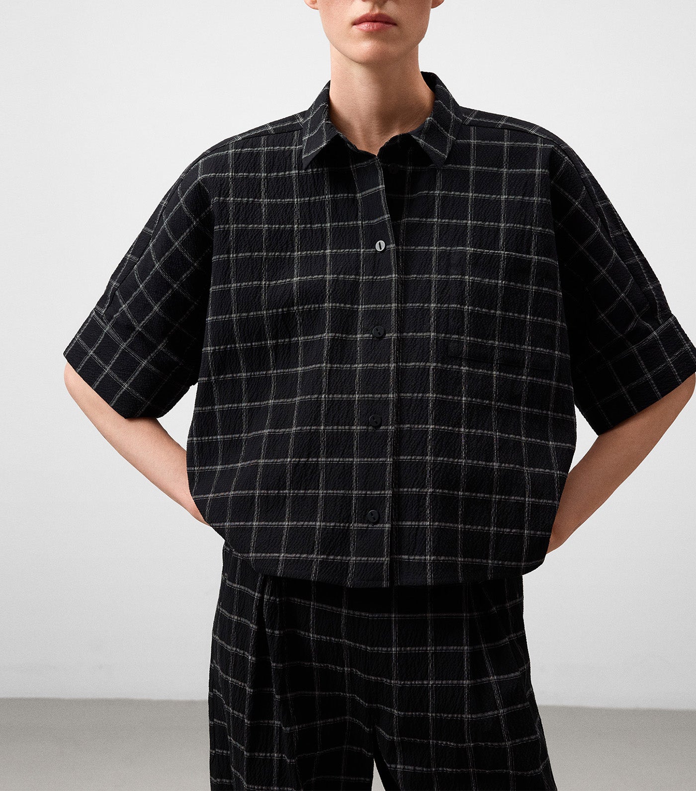 Organic Cotton Seersucker Checkered Shirt Gray/Black