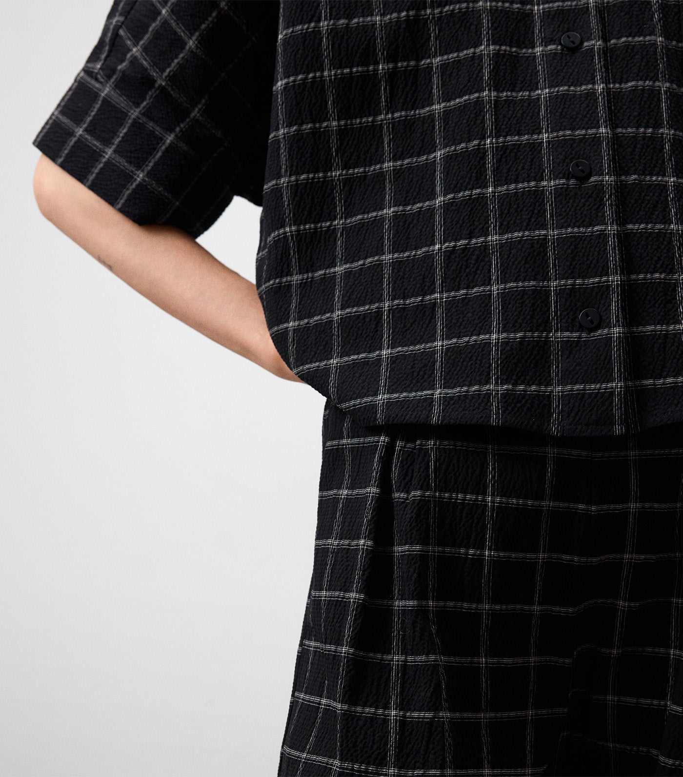 Organic Cotton Seersucker Checkered Shirt Gray/Black