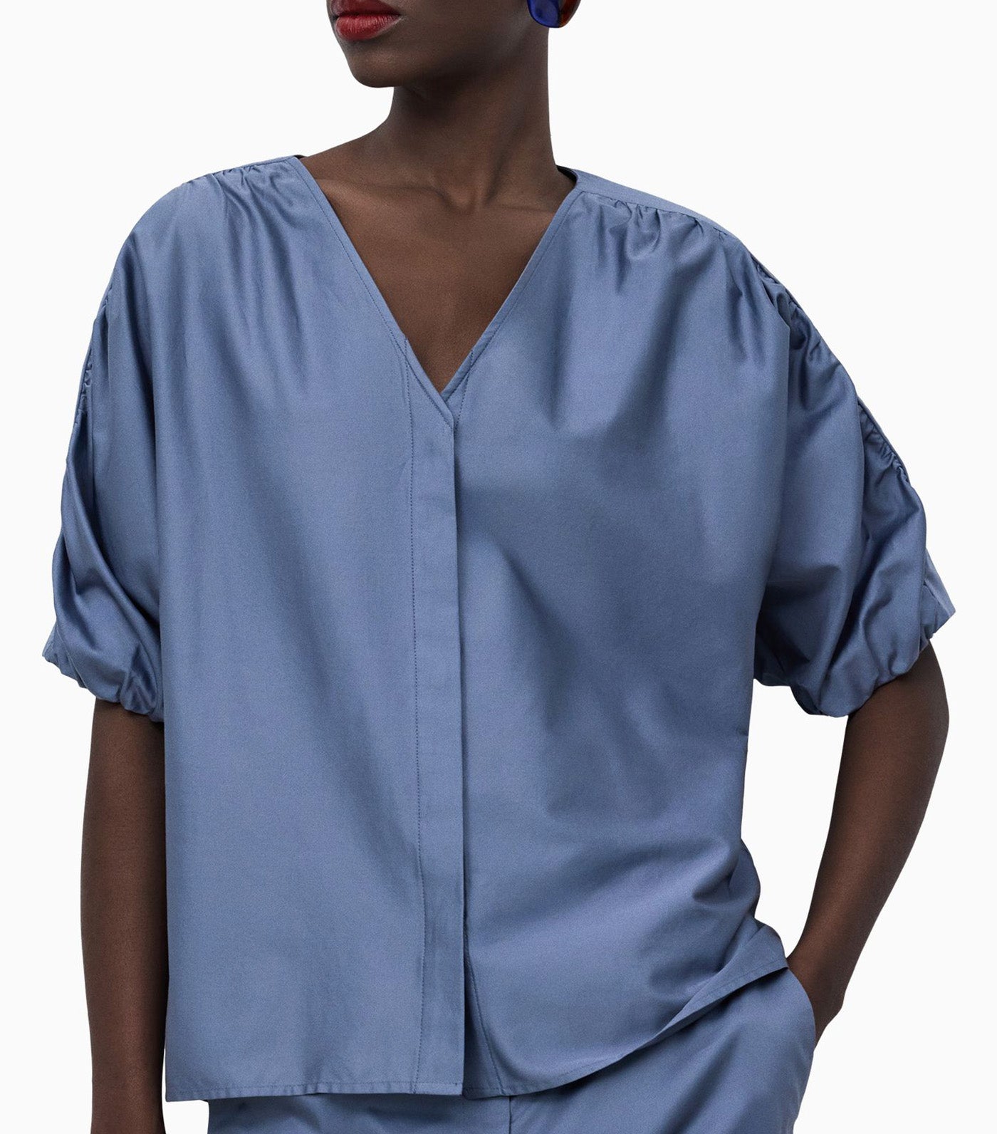 Gathered Cotton Shirt Gray/Blue