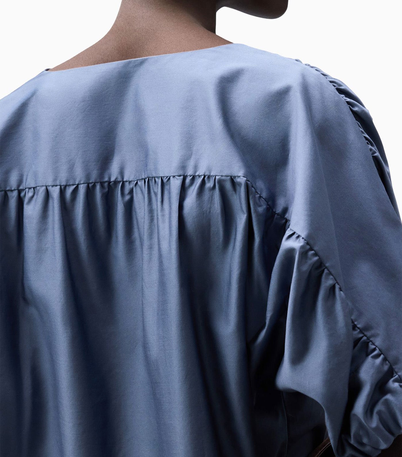 Gathered Cotton Shirt Gray/Blue